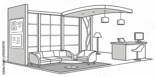 Modern living room with large windows and a cozy seating area.