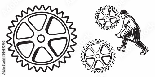 A man is lifting a large gear with his back, while two smaller gears float nearby.