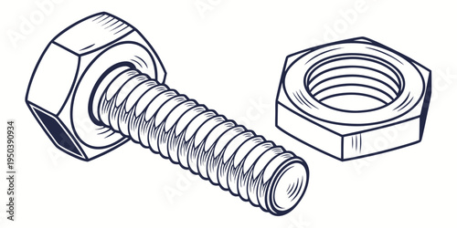 A detailed illustration of a bolt and nut, showcasing their threading and hexagonal heads.