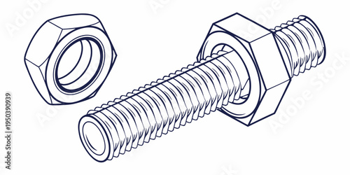 A detailed illustration of a bolt with a hexagonal head and a nut