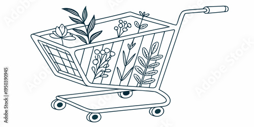 A shopping cart filled with various plants and flowers, ready for gardening.