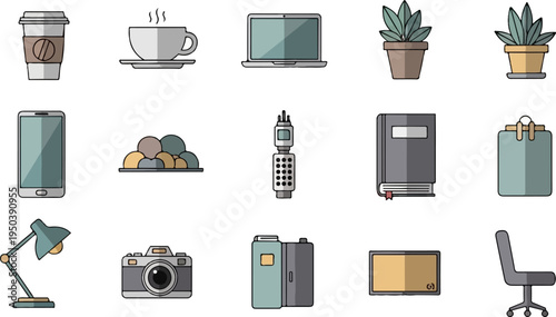 Collection of icons representing common office and personal items