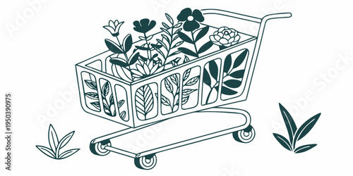 A shopping cart filled with various plants and greenery.