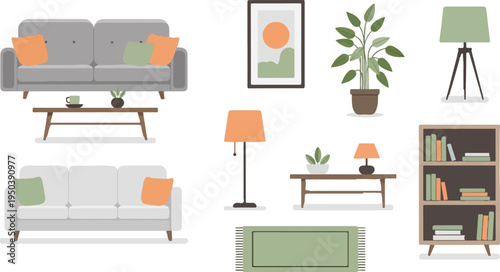 Cozy living room elements sofas, tables, lamps, plant, rug, artwork, bookshelf