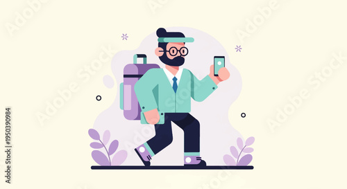 Flat illustration of a man in a suit carrying luggage, holding a phone