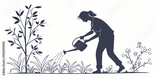 A person is watering a plant in a garden with various plants around