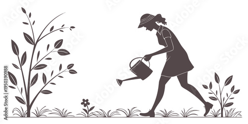 A person is watering a plant with a watering can in a garden setting.