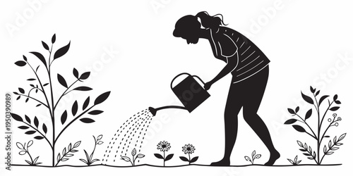 A person is watering plants in a garden with a watering can.