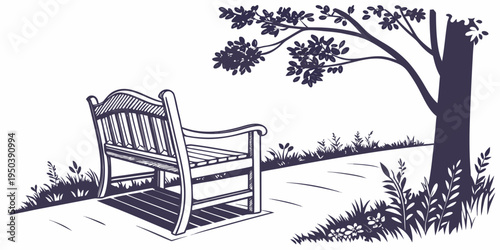 A tranquil park bench under the shade of a large tree by a path