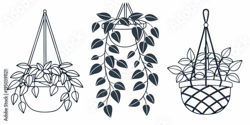 Three distinct hanging planters showcasing various designs and shapes