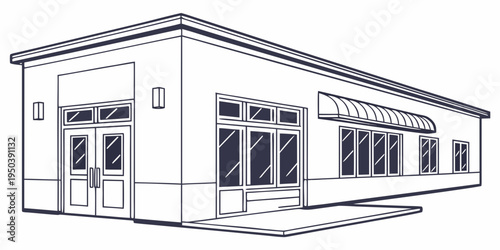 Modern commercial building with large windows and awnings on a sunny day