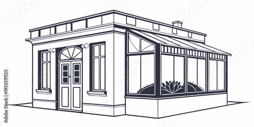 A charming two-story building with a prominent entrance and large windows