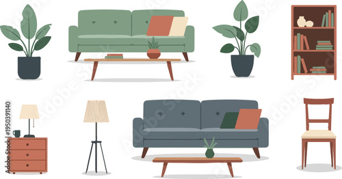 Cozy living room elements sofas, plants, tables, bookshelf, chair, lamps