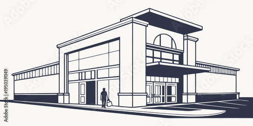 A large industrial building with multiple garage doors and a person walking nearby