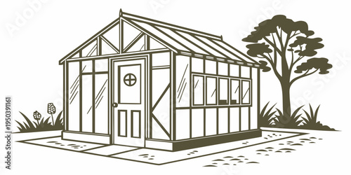 A charming greenhouse with a wooden frame and a clear roof, surrounded by plants and trees.