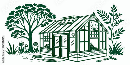 A charming house with a garden surrounded by lush greenery and trees