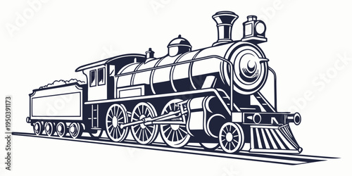 A detailed illustration of a vintage steam locomotive in black and white