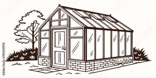 A large greenhouse with a brick base and glass windows for growing plants.