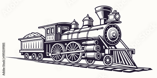A detailed black and white illustration of a vintage steam locomotive
