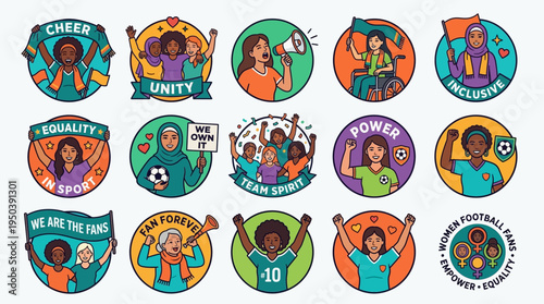 Dynamic collection of diverse women's football world cup fan icons celebrating unity, equality, and empowerment, showcasing team spirit and global support for women athletes