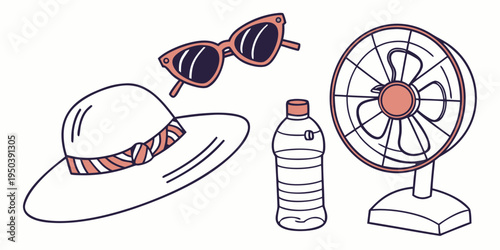 A collection of items for a sunny day, including a hat, sunglasses, a water bottle, and a fan.