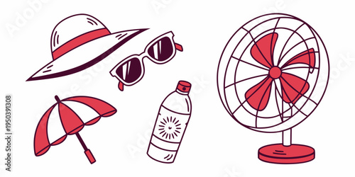 Assorted summer items including a hat, sunglasses, umbrella, water bottle, and fan