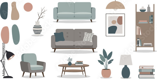 Cozy living room arrangement with sofas, armchair, shelf, plants, lamps