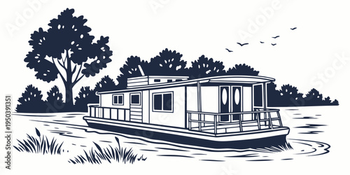 A serene houseboat gently floating on a calm river surrounded by nature
