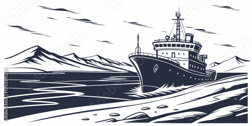 A large ship sails through rough waters with mountains in the background