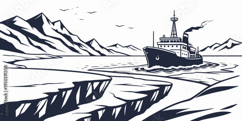 A large cargo ship navigating through icy arctic waters with icebergs.