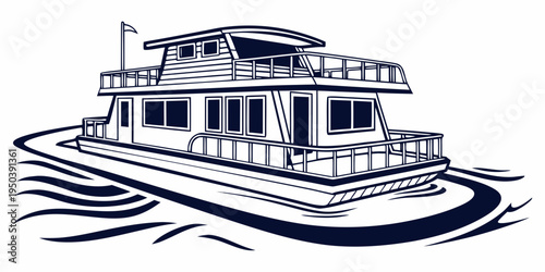 A serene houseboat gently floating on calm waters with a beautiful architectural design.