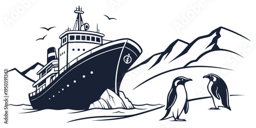 A large ship navigating through icy waters with penguins nearby on the ice