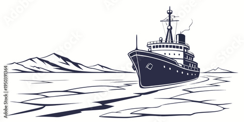 A large ship navigating through icy waters with a mountainous backdrop