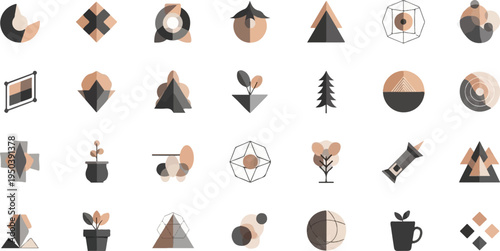 Collection of abstract geometric and natural icons in earthy tones
