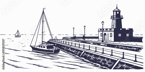 A vintage illustration of a lighthouse guiding a sailboat through a harbor.