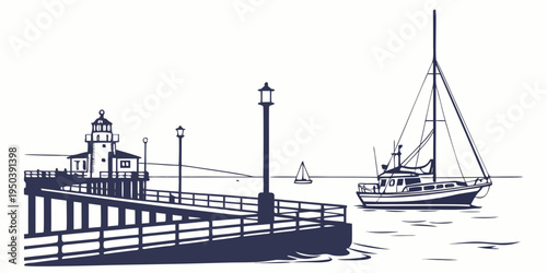 A serene scene of a lighthouse guiding a sailboat in a calm harbor at dusk