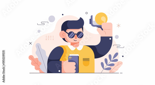 Man in sunglasses holds phone and flashlight