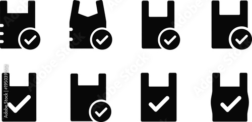 A collection of eight black icons with white checkmarks on a white background