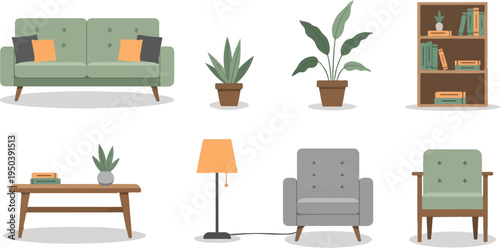 A collection of cozy home furnishings and houseplants for interior design