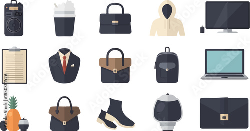 Icons of modern life tech, fashion, work, and leisure objects