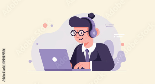 Person in headphones and glasses working on a laptop with abstract shapes