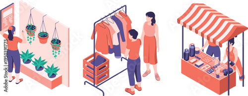 Isometric retail shopping scenes with plant shop display, clothing rack boutique and street market stall, small business vector illustration
