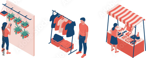 Isometric retail shopping set with plant display wall, clothing rack boutique and street market food stall vector illustration