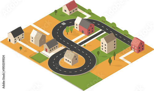 Isometric suburban neighborhood with curved road, residential houses, small town street layout, urban planning concept, flat vector illustration