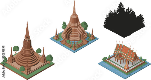 Isometric Thai temple and pagoda landmark collection with forest silhouette, traditional Asian architecture, cultural heritage vector illustration