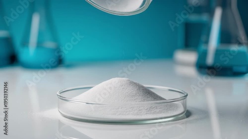 White chemical powder being poured into a glass petri dish in a laboratory setting with scientific equipment