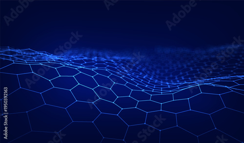 Abstract technology ai blue background with 3d techno wave hexagon pattern. Big data geometric line for digital banner design.