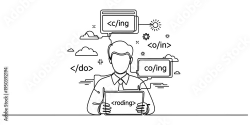 Continuous One Line Drawing of Software Developer Coding on Laptop