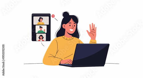 A person waving hello during a video conference call on a laptop