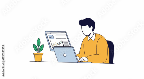 Person working on laptop with growth chart and plant